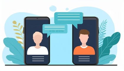 Vector illustration of a smartphone displaying male and female profiles, with two friends chatting and texting. Emphasize the concept of modern social networks and virtual relationships