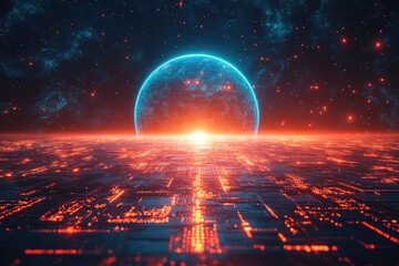 Fototapete - Alien planet covered in glowing circuitry with rising blue sun