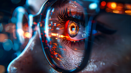 Futuristic woman with digital code reflection in glasses