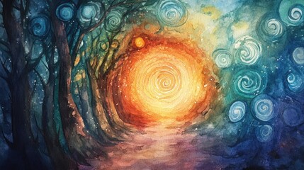 Wall Mural - Mystical Forest Path Leading to a Glowing Spiral