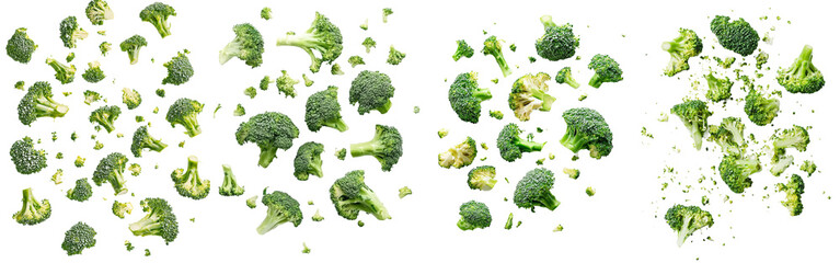 Poster - Broccoli falling on white background with clipping path, depth of field full