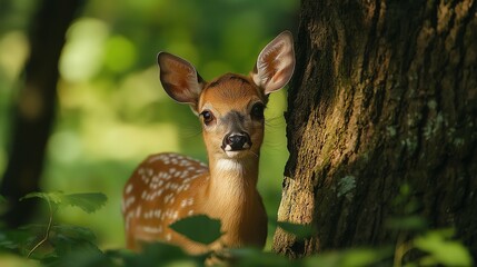 A baby deer peeking out from behind a tree in a serene forest.