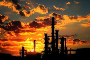 Petrochemical plant silhouette at sunset with dramatic sky