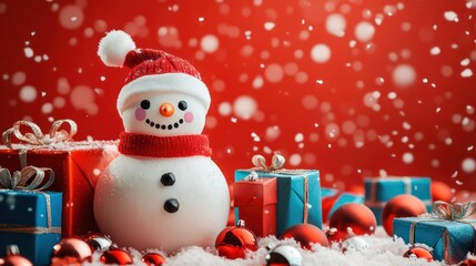 Poster - Snowman with Present and Snow in Christmas