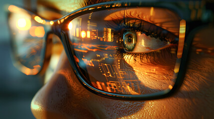 Futuristic woman with digital code reflection in glasses