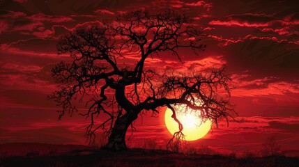 Leinwandbilder - tree silhouette against red dawn sky