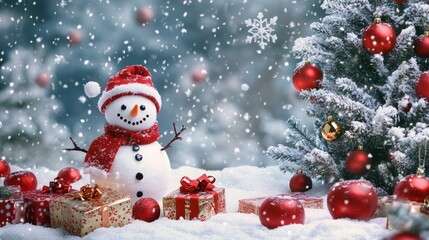 Poster - Snowman with Present and Snow in Christmas