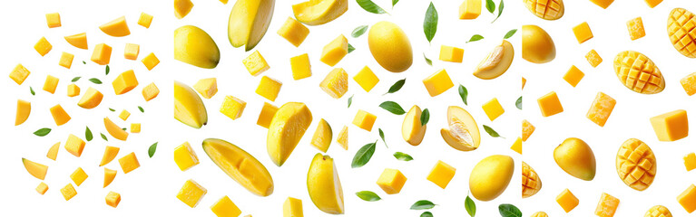 Poster - A falling mango is isolated on a white background and has a clipping path, a full depth of field, and a clipping path