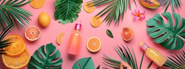 Tropical-themed flat lay with citrus fruits and palm leaves.