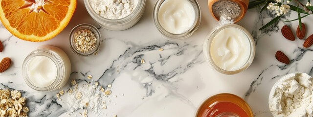 Natural skincare ingredients on a marble surface.