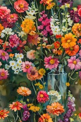 Poster - Watercolor flowers blooming on blue background, seamless pattern