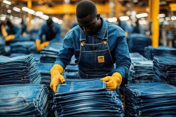 Aufkleber - Textile factory worker folding jeans in a workshop