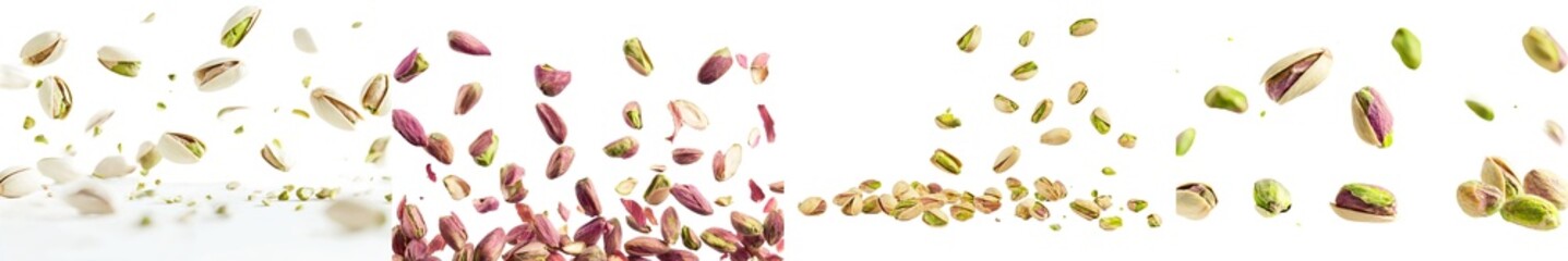 Wall Mural - Selective focus on falling pistachio on white