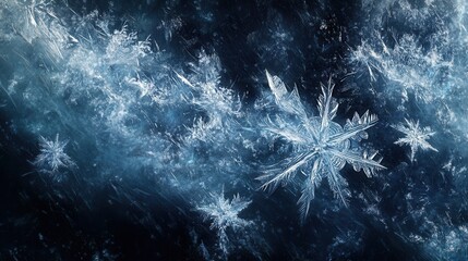 Poster - Delicate snowflakes scatter across a dark background, interwoven with shimmering lines, capturing the essence of winter's chill and elegance. Generative AI