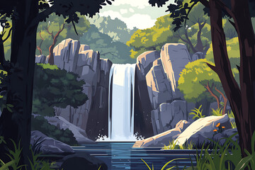 Wall Mural - A serene waterfall surrounded by lush greenery and rocky formations.