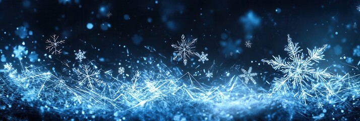 Aufkleber - Snowflakes appear to gently float amidst luminous lines, creating a serene winter atmosphere in a dark, cool setting. Generative AI