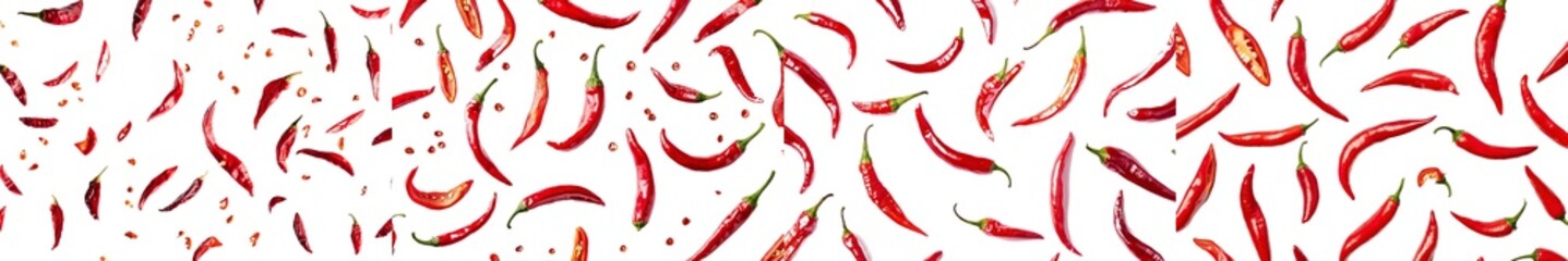 Poster - An isolated photograph of sliced red hot chilli peppers falling from a white background, selectively focused