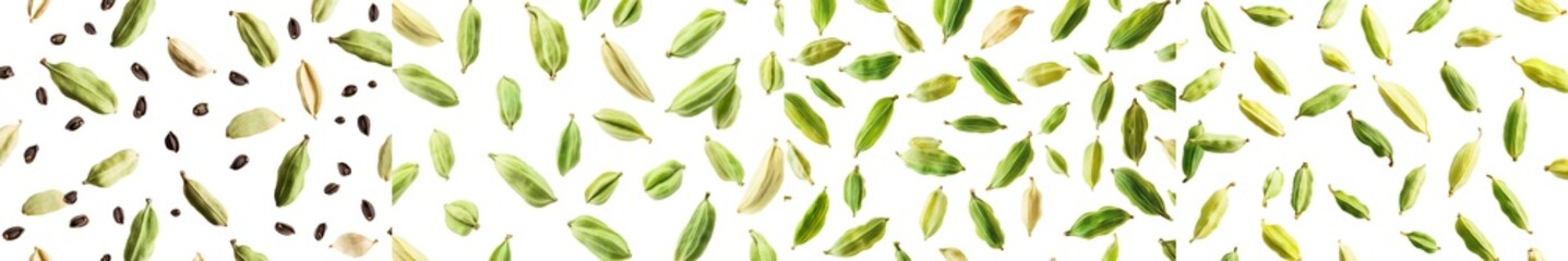 Poster - Isolated cardamom falling against a white background, selective focus