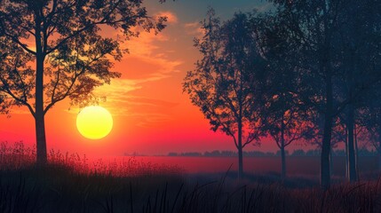 Poster - Sunset view with trees silhouette