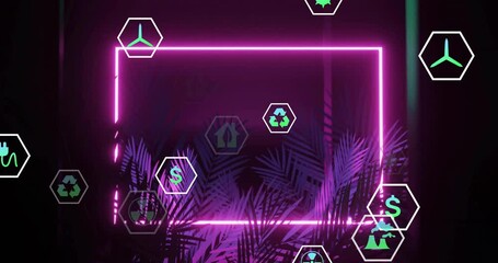 Poster - Environmental icons animation over neon frame and tropical plants