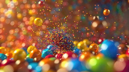 Poster - Sprinkling close up for confectionery multi colored sweet balls in bulk selective focus