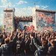 © PuiZera - A large crowd of people celebrate the fall of the Berlin Wall, with hands raised in the air and confetti falling.