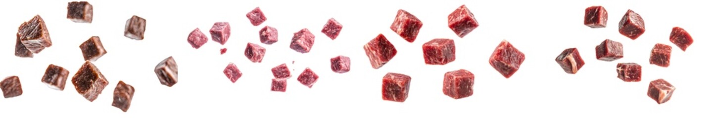 Poster - Meat falling, cube, isolated on white background, selective focus
