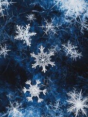 Leinwandbilder - Delicate snowflakes intricately layered against a dark backdrop, showcasing their unique forms and the essence of winter's chill. Generative AI