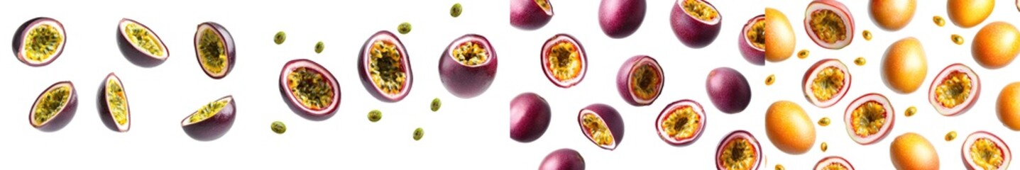 Poster - An isolated image of a falling passion fruit with selective focus on a white background