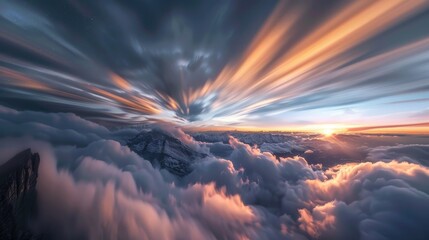 Poster - Visible light streaks formed behind the clouds at twilight
