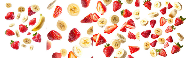 Aufkleber - Isolated bananas and strawberries falling on white background with depth of field and clipping path