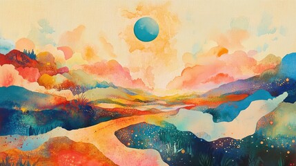 Wall Mural - Watercolor Landscape with a Blue Circle