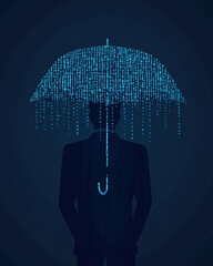 Poster - A digital silhouette of a man under an umbrella, surrounded by binary rain, symbolizing data protection and cybersecurity.