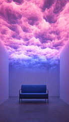 Poster - A serene interior featuring a modern sofa under a vibrant cloud-like ceiling illuminated in pink and purple shades.