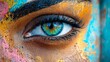 © Kasiwat - Close-up of an eye covered in vibrant, colorful paint splashes, highlighting intricate details and bold artistic expression.
