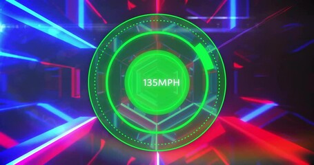 Poster - Speedometer animation showing 135MPH over colorful geometric shapes