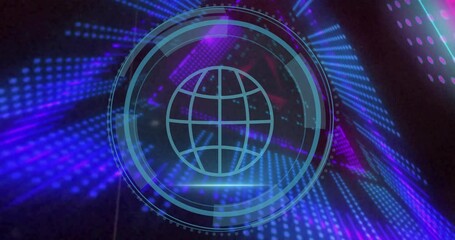Poster - Globe icon with digital data processing animation over vibrant blue and purple lights