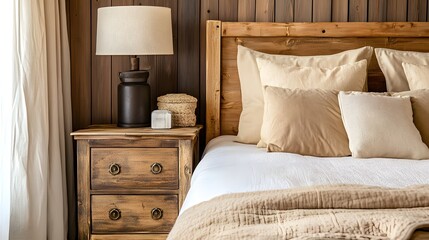 Wall Mural - Rustic bedside cabinet near bed with beige pillows. Farmhouse interior design of modern bedroom.