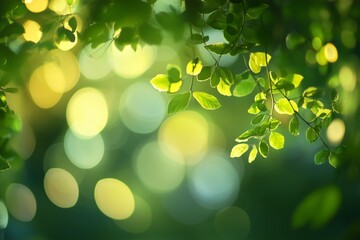 Poster - Sunlight filters through green leaves in a tranquil forest setting, creating a peaceful and serene atmosphere during a sunny afternoon