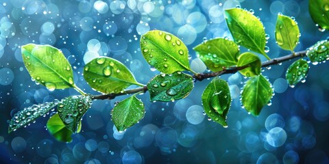 A detailed close-up of green leaves on a branch, with fresh droplets of water resting on them, set against a vibrant blue background.