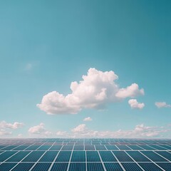 Wall Mural - A large solar panel farm with blue sky and puffy clouds overhead.