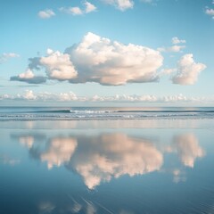 Poster - A large white cloud is reflected in the calm ocean waters.