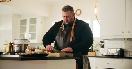 Canvas Print - Cutting board, cooking and man in kitchen, vegetables and meal preparing for event, chopping or restaurant. Recipe, chef and person with ingredients for culinary, seasoning or frying of food in hotel