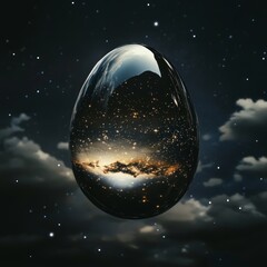 Sticker - A large, reflective egg floats in a night sky filled with stars and clouds, reflecting the cosmos within.