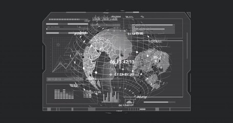 Sticker - Global data visualization animation over rotating digital world map with grids and charts