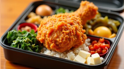 Wall Mural - a tray of food including chicken, rice, and vegetables.