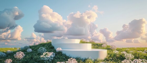 White podium on the grass field backdrop cloud and sky for product stand display