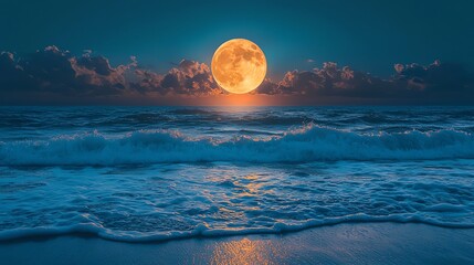 Full moon over the ocean with waves crashing on the shore under a starry night sky, creating a serene and magical atmosphere.