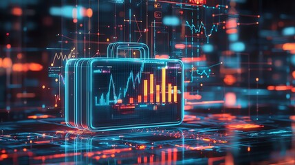 Futuristic financial suitcase with neon graphs and charts on a digital interface, representing technology and data analysis in finance.