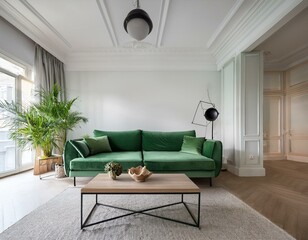 White room with green sofa. Scandinavian interior design. 3D illustration